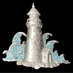 Vintage J.J. Jonette Pewter Silvertone Lighthouse Brooch with Blue Glitter Waves